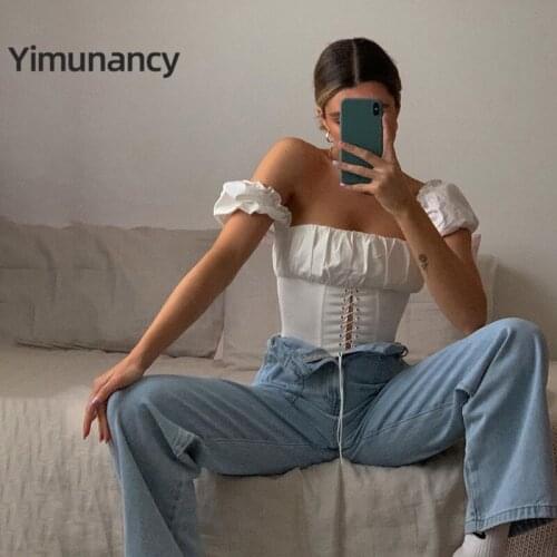 Yimunancy Lace Up Top Women Short Sleeve Bustier Top Ladies 2020 Square Collar White Skinny Top
