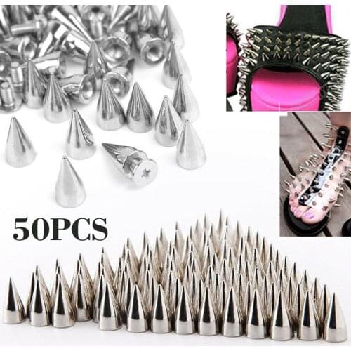 50pcs 9.5mm Silver Metal Cone Studs Rivet Bullet Spike Cone Screw Riveting Garment for Clothes Bag Shoes Leather DIY Handcraft