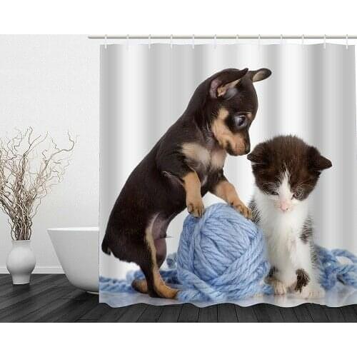 Puppy & Kitten Playing with Ball of Yarn Shower Curtain Bathroom Decor