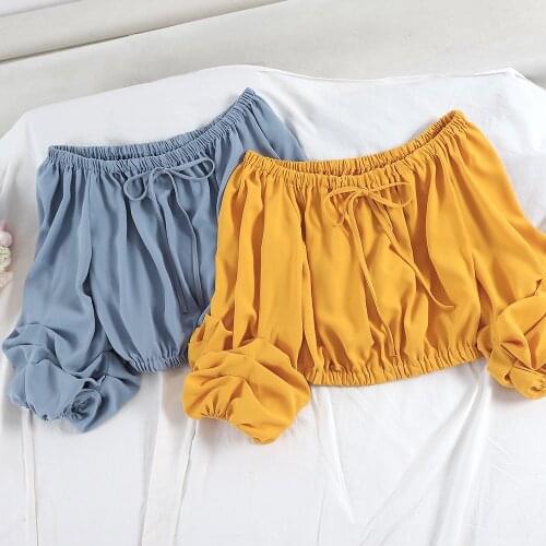 Women Spring Summer Lantern Sleeve Slash Neck Basic Bow Shirt Elegant Lace Up Bandage Slim High Waist Short Pullover Blouse Tops