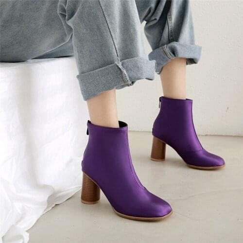YMECHIC Autumn 2019 New Arrival Ladies Round High Heels Shoes Winter Ankle Boots Female Purple Silver Black Booties Plus Size