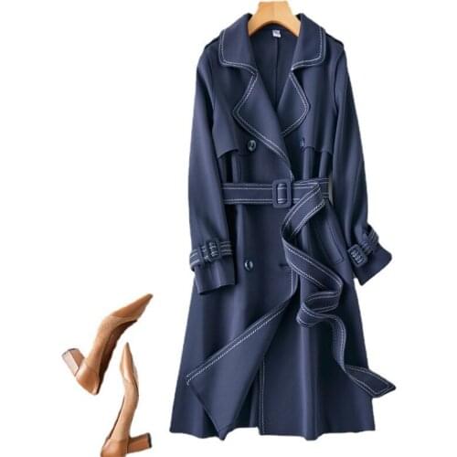 Luxury Spring Autumn Women Trench Coat Full Sleeve Double Breasted With Belt Female Slim Long Trench Navy Blue Coats Outerwear