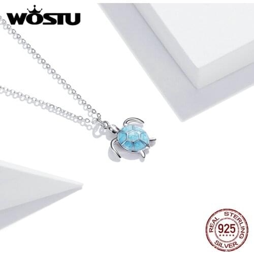 WOSTU Summer Blue Turtle Short Neckalce Elegant for Women Choker 925 Sterling Silver Girl Collier Fashion Jewelry Gift BKN446