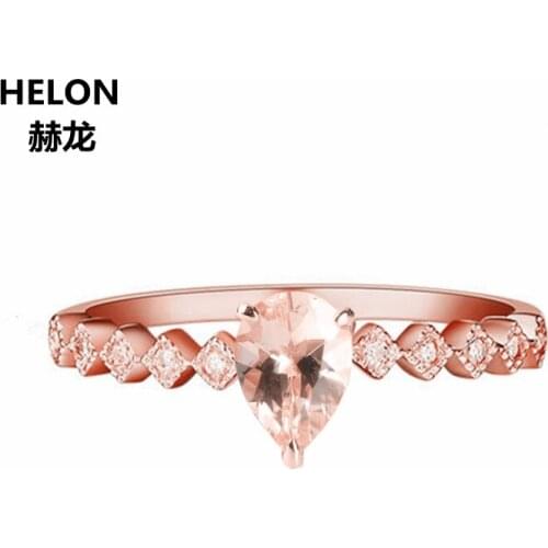 Solid 14k Rose Gold Pear Cut Natural Morganite Charming Women Engagement Ring SI/H Natural Diamonds Wedding Party Fine Jewelry