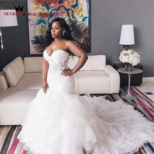 Plus Size Wedding Dresses Mermaid Sweetheart Ruffle Train Tulle Lace Beaded Crystal Formal Bride Dress Custom Made DE08