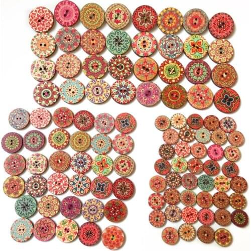 100Pcs/Pack Flower Pattern Round Shape Retro Style Buttons Childrens Puzzle Toy 15/20/25MM Wooden Buttons Multipurpose Colorful