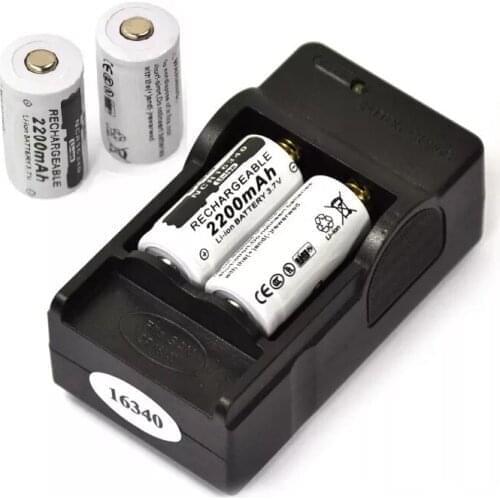 4pcs 3.7V 2200mAh 16340 CR123A Rechargeable Li-ion Battery + 1PCS 2-slot Travel Battery EU Charger,Flashlight Lithium Battery