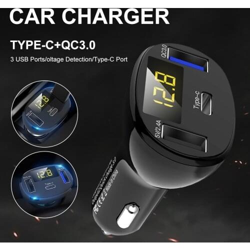 Car Charger 12-24V Triple USB Ports 2.4A/USB-C/QC3.0 Fast Charging Lighter Adapter with Digital Voltmeter for Phones Tablets