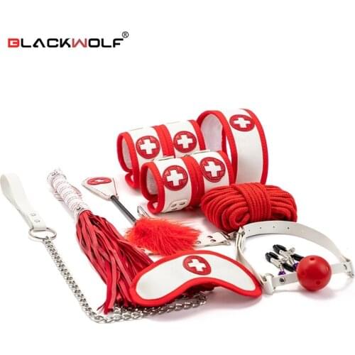 BLACKWOLF 10pcs BDSM Sex Toys Kits Bed Bondage Restraint Set Adult Couples Game Handcuffs Rope Whip Collar Sex Toys For Women