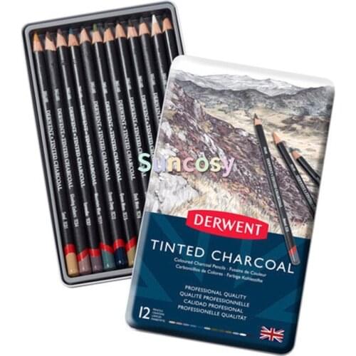 Derwent Tinted Charcoal Tin Case NEW Made In UK 12 24 Pcs, Dramatic Beauty of Traditional Charcoal with A Gentle Hint of Colour