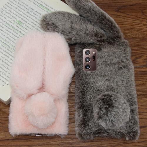 For Samsung Galaxy Note 20 Ultra Phone Case Fluffy Rabbit Ears Plush For Galaxy S20 Plus Soft Silicone Shockproof Back Cover