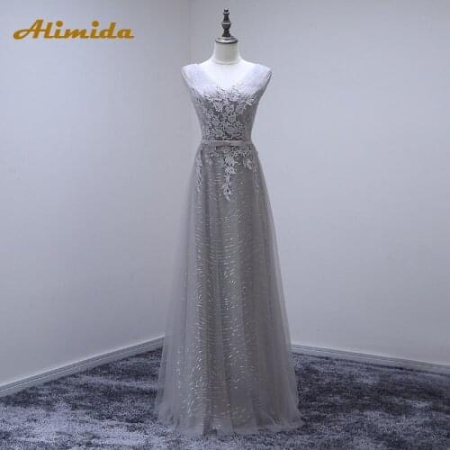 Alimida Long Evening Dress 2016 V-Neck Appliques Evening Party Prom Formal Dress Pink Shinning Lace Up Robe De Soiree