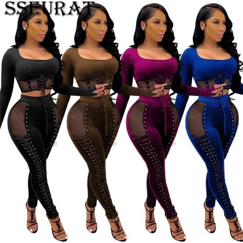 SSEURAT Mesh Patchwork Womens Set Lace Up Crop Top & Legging Suit Sexy Tracksuit Two Piece Set Fitness Outfit