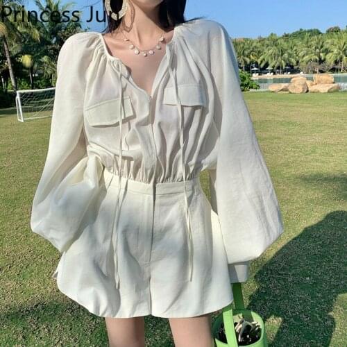 Summer Women Big Lantern Sleeve Jumpsuit Fashion Beige Short Rompers Loose Casual Wide Leg Mini Pants Holiday Beach Playsuit