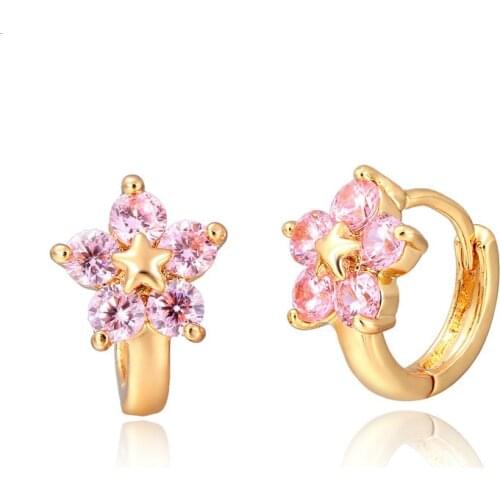 Cute Gold Color Star Five Pink CZ Flower Huggies Small Hoop Earrings For Womens Children Girls Baby Kids Anti-Allergic Jewelry