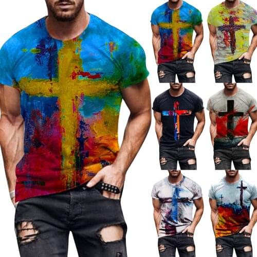 Mens Street Fashion Casual Cross Print Round Neck Short Sleeve 2021 Spring Summer Mens Ttie-Dye All-Match Tshirt F Mandalorian