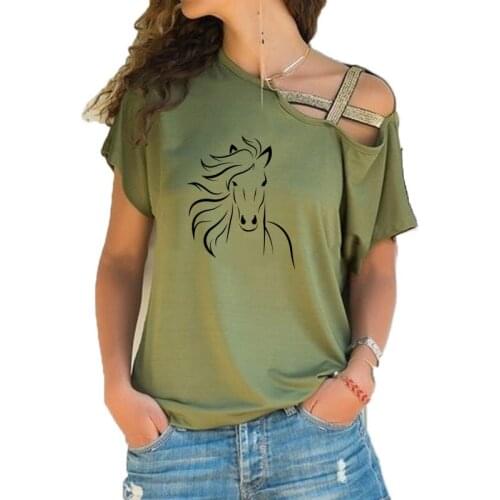 2020 New Women T Shirt Baby Room Horse Shirt Lover Gift T-shirt Animal Art Graphic Irregular Skew Cross Bandage Tops Tee