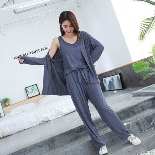 Autumn 3 Pieces Set Long Sleeve Modal Home Womens Loose Casual Pajamas Autumn Soft Home Cloth Plus Size Loose Sleepwear