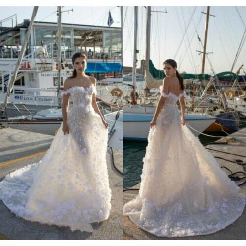 2020 Beach Wedding Dresses Boho Lace 3D Floral Appliques Off The Shoulder Sweep Train A Line Wedding Dress Robes De Mariée