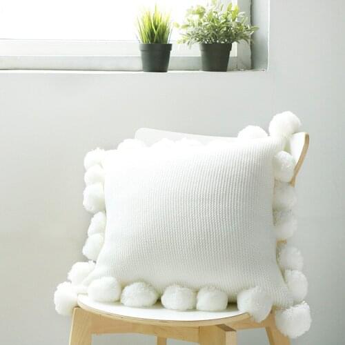 Drop Shipping White Acrylic Knitting Cushion Cover with Ball Solid Color Handmade Cushions for Sofa Bed Home Decorate No Filling