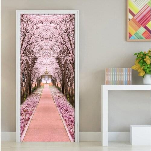 Self Adhesive Waterproof 3D Door Sticker Forest Cherry Tree Home Decoration Renew PVC Mural Paper Print Art Picture For Bedroom