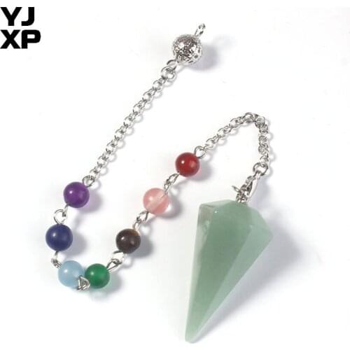 YJXP Silve Plated Link Chain 7 Beads Chakra Reiki Stone Pendulum Green Aventurine Hexagon Pyramid Pendant Fashion Jewelry Gift