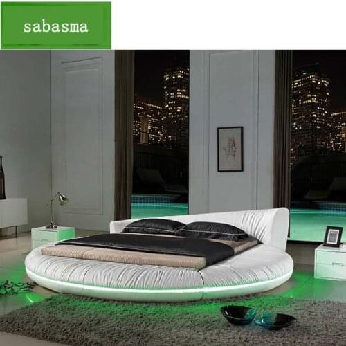 Tatami bed personality round bed double bed leather bed 1.8 meters with LED lights creative marriage bed master bedroom