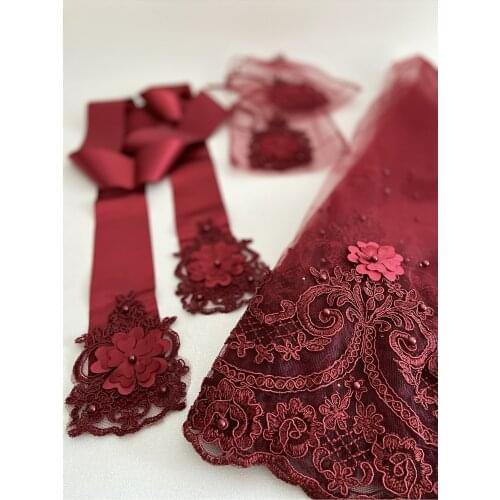 Three-Dimensional 3d Sultan Laced Pearl And Flower Decorated Bridal Veil Belt Gloves Set Henna Night Wedding