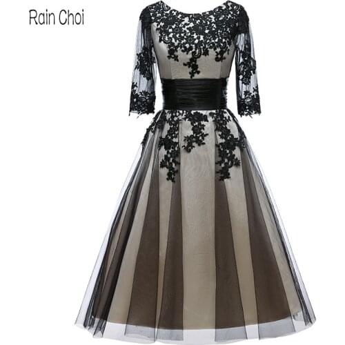 3/4 Sleeves Evening Dress 2021 Tulle Party Gown Tea Length Prom Dress Robe De Soiree