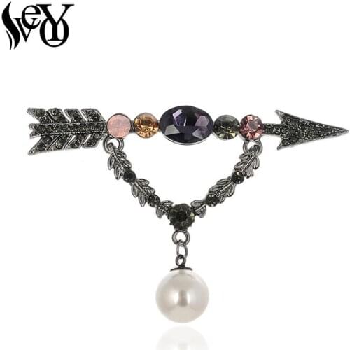 VEYO Elegant Crystal Rhinestone Cupids arrow Brooch Pin Imitation Pearl Brooches Clothes Fashion Jewelry Gift