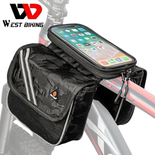 WEST BIKING Rainproof Bicycle Bag Touch Screen 6.5 inch Phone Bag Reflective Cycling Frame Front Tube Bags For Bike Accessories