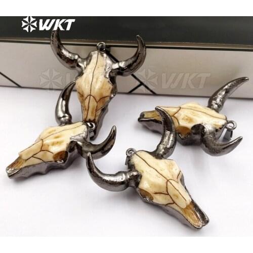 WT-P1339 New Resin Charms Cool Indian Style Design Cattle Head Buffalo Horn with Blackgun Plated Necklaces Pendants
