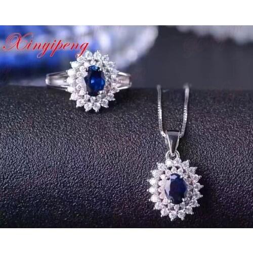 925 silver inlaid 2 carat natural sapphire jewelry set Ms dark blue Luxury and generous