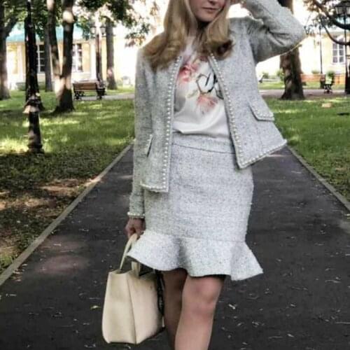 Skirt Suits Women Light blue tweed jacket + skirt 2020 spring / autumn / winter womens suit fashion2 Piece Sets fishtail suit