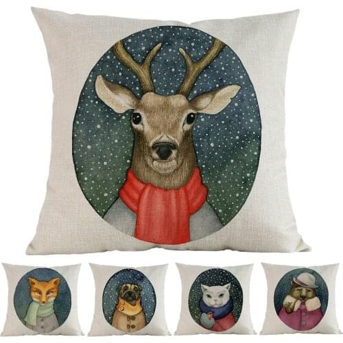 Forest Style Winter Snow Wearing Scarf Animals Christmas Deer Fox Bear Dog Owl Pillow Case Home Sofa Decorative Cushion Cover