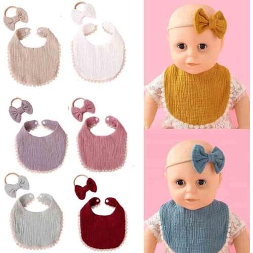 2Pcs Baby Bibs Elastic Bow Headband Set Muslin Cotton Saliva Towel Bandana Burp Cloths Baby Girls Princess Bowknot Hair Band Kit
