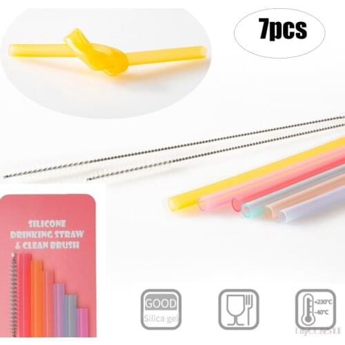 7pcs/set Reusable Food Grade Drinking Juice Straws Seamless Portable Bendable Transparent Silicone Straws