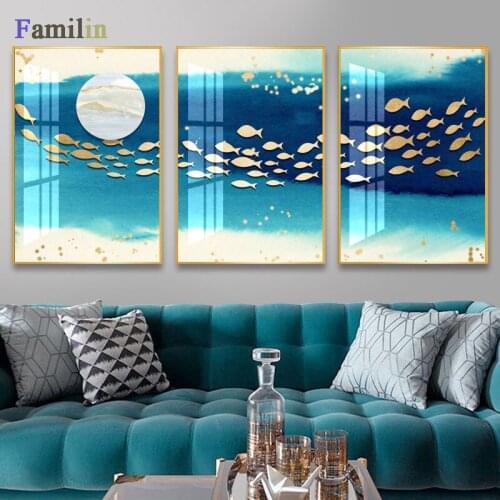 Abstract Modern Decor golden fish moon Canvas Painting Poster And Print Wall Art Pictures For Living Room Bedroom Dinning Room