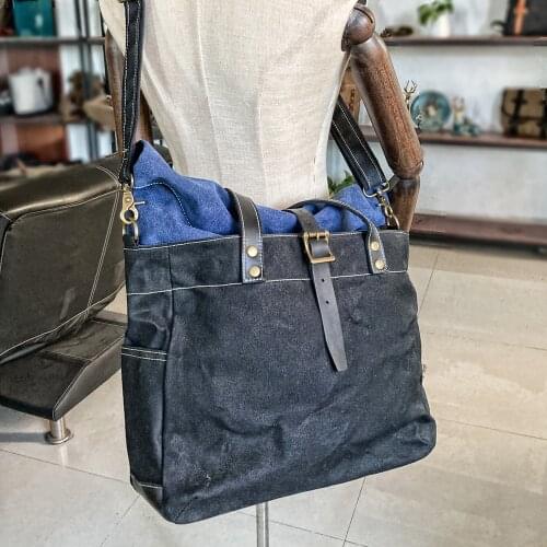 American Retro Wax Canvas Handbag Simple Hit Color Female Vertical Shoulder Messenger Bag Fold Tote Bag for Men and Women