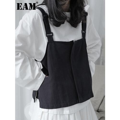 [EAM] Women Loose Fit Black Pocket Brief Temperament Vest New V-collar Sleeveless Fashion Tide Spring Autumn 2021 1DA993