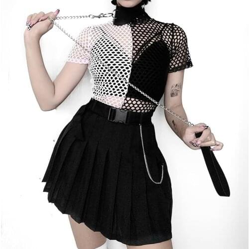 Gothic Fishnet Women T-Shirts Summer Sexy Short Sleeve Bodycon Crop Tops Punk Color Blocking Tee