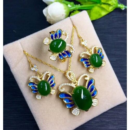 Hetian Biyu Silver Inlay Set Jasper Butterfly Set j6