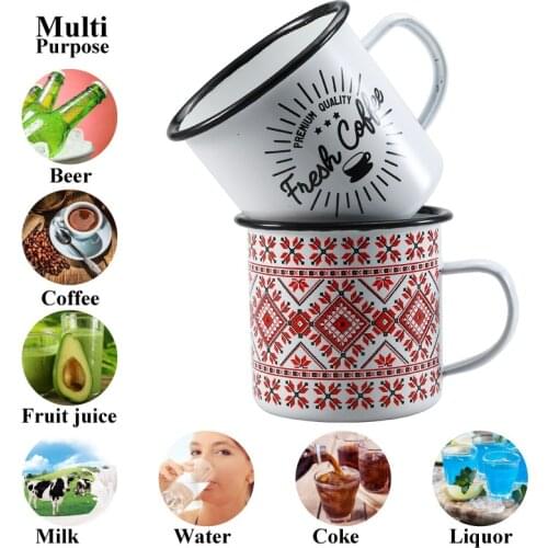 350ML Special Enamel Design Drink Mug, Coffee Pattern Special Mug. Rolled Edge for Home ,Office