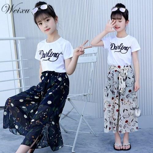 Summer 2020 Toddler Girl Clothes White Tops T Shirt Flower Chiffon Pants 2PCS Clothes Set for Teenage Girls 5 6 8 10 12 14 Years