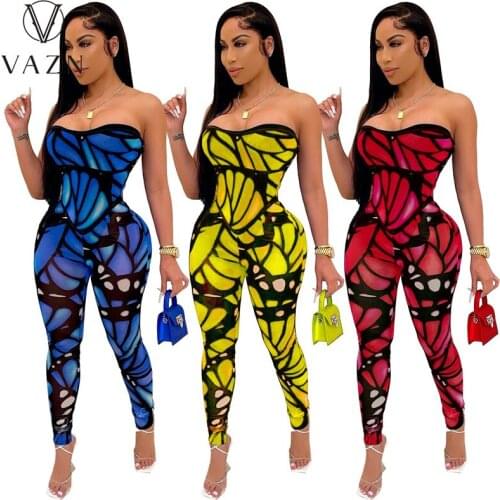 VAZN 2021 Hot Sale Sexy Office Lady Women Sleeveless Strapless Striped Party Beach Jumpsuits Full Pant Bandage Rompers