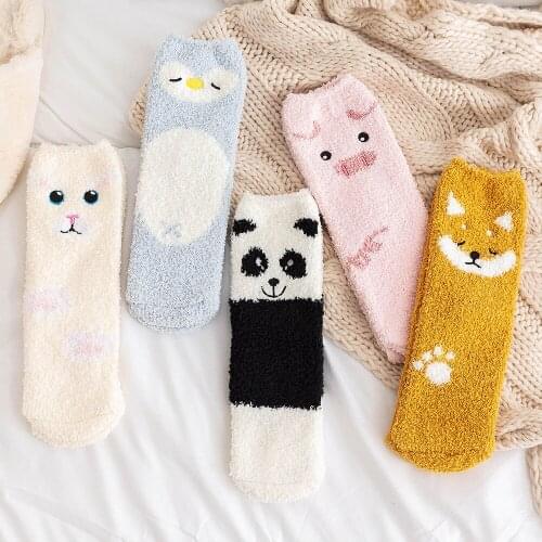 2019 Cute Animals Cartoon Women Cute Socks Funny Coral Velvet Medium Tube Pink Socks Cotton for Winter and Autumn Keep Warm
