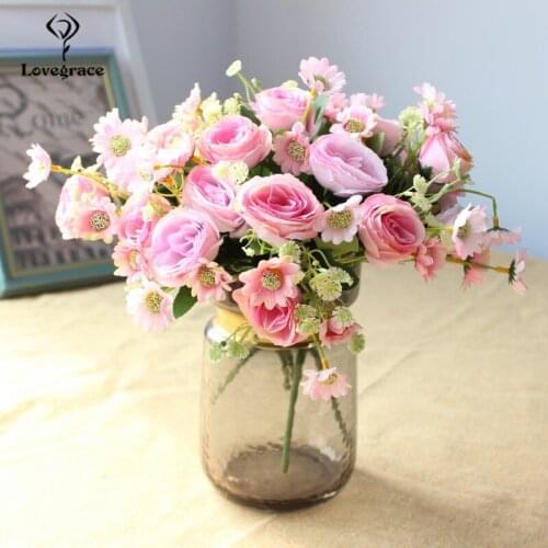 Lovegrace Small Bouquet Artificial Flower Silk Rose Daisy Bunch DIY Flower Arrangement Bouquet Home Party Wedding Table Decor