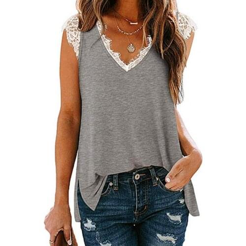 New Stylish Women Sleeveless Blouse Lace Hem Decor Deep-V Cloth Summer Leisure Loose Tops Vest Tops for Daily Life