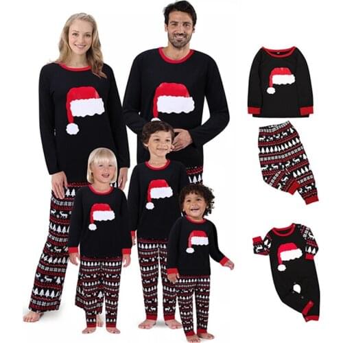 Fall Winter Christmas Hat Print Family Matching Sets Cartoon Hat Print Tops+Lattice Pants Xmas Pajamas Mom Dad Kids Family Sets
