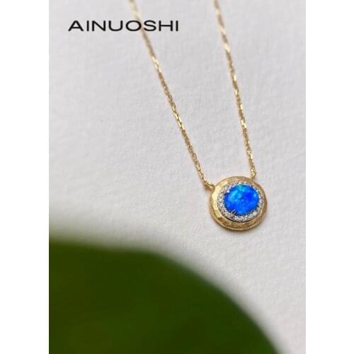AINUOSHI 18K White & Gold Oval Shape 0.25ct Natural Opal Real Diamond Gemstone Necklace Anniversary Gift for Women 18